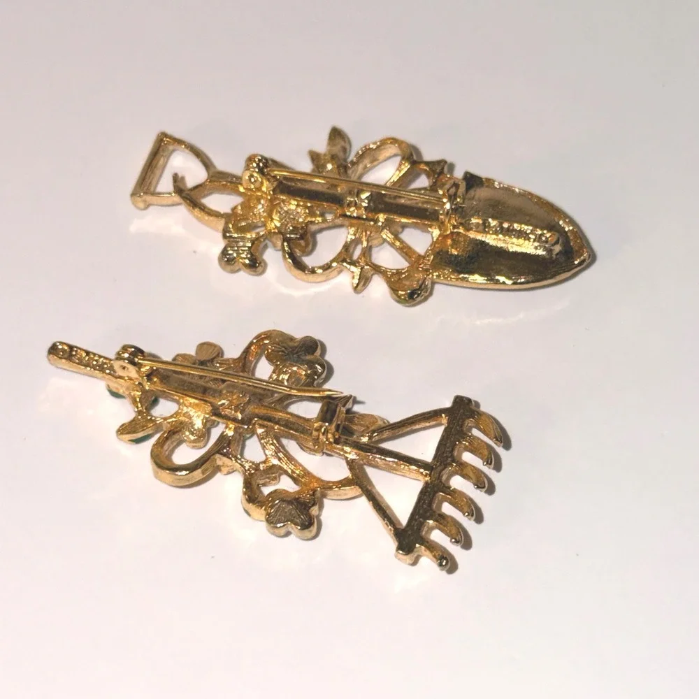 Gerry's Brooch Set Sz OS Gold Tone Enamel Garden Rake Shovel Floral Pins Vintage